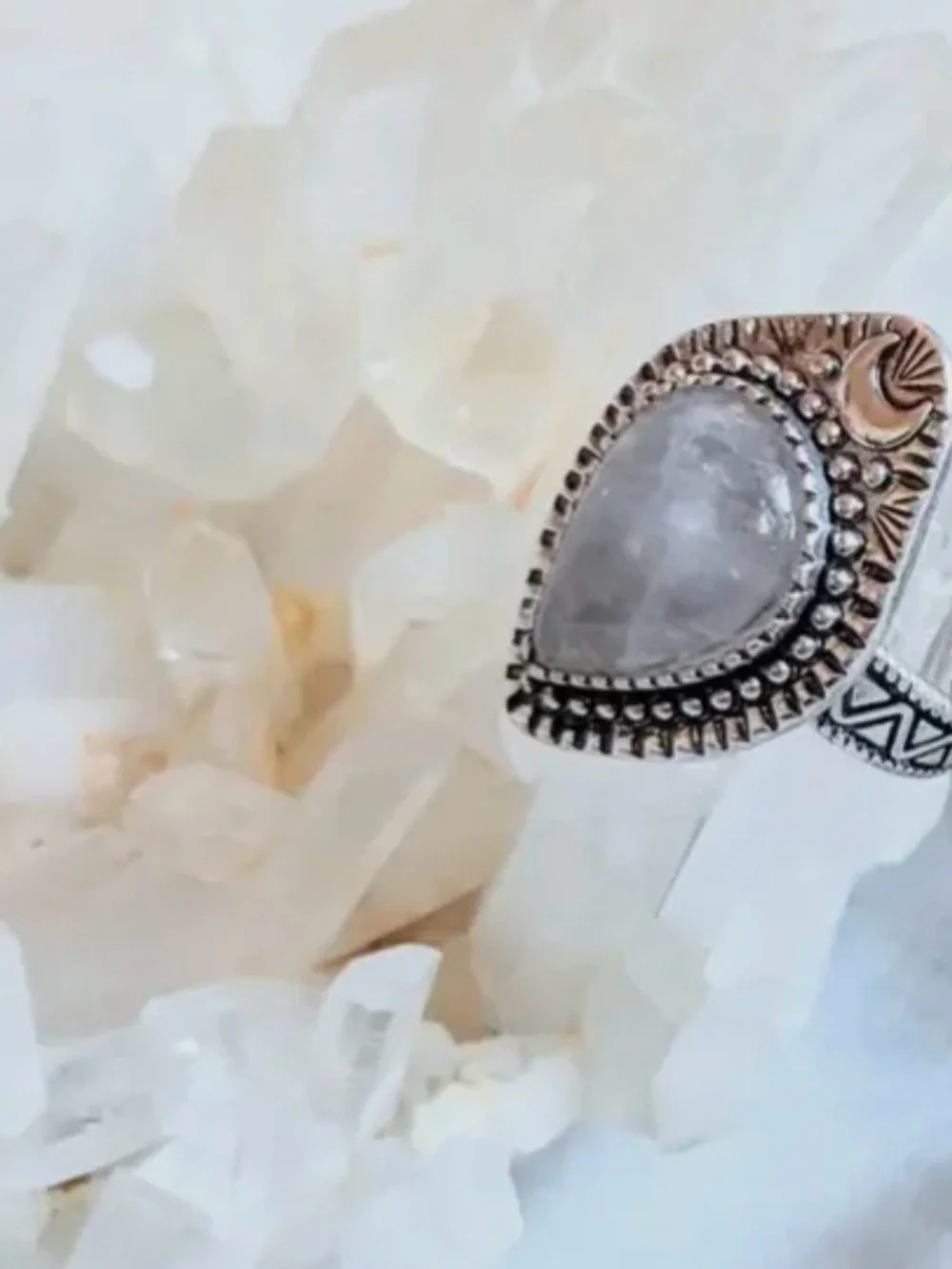 Clear Quartz Boho Silver Adjustable Ring